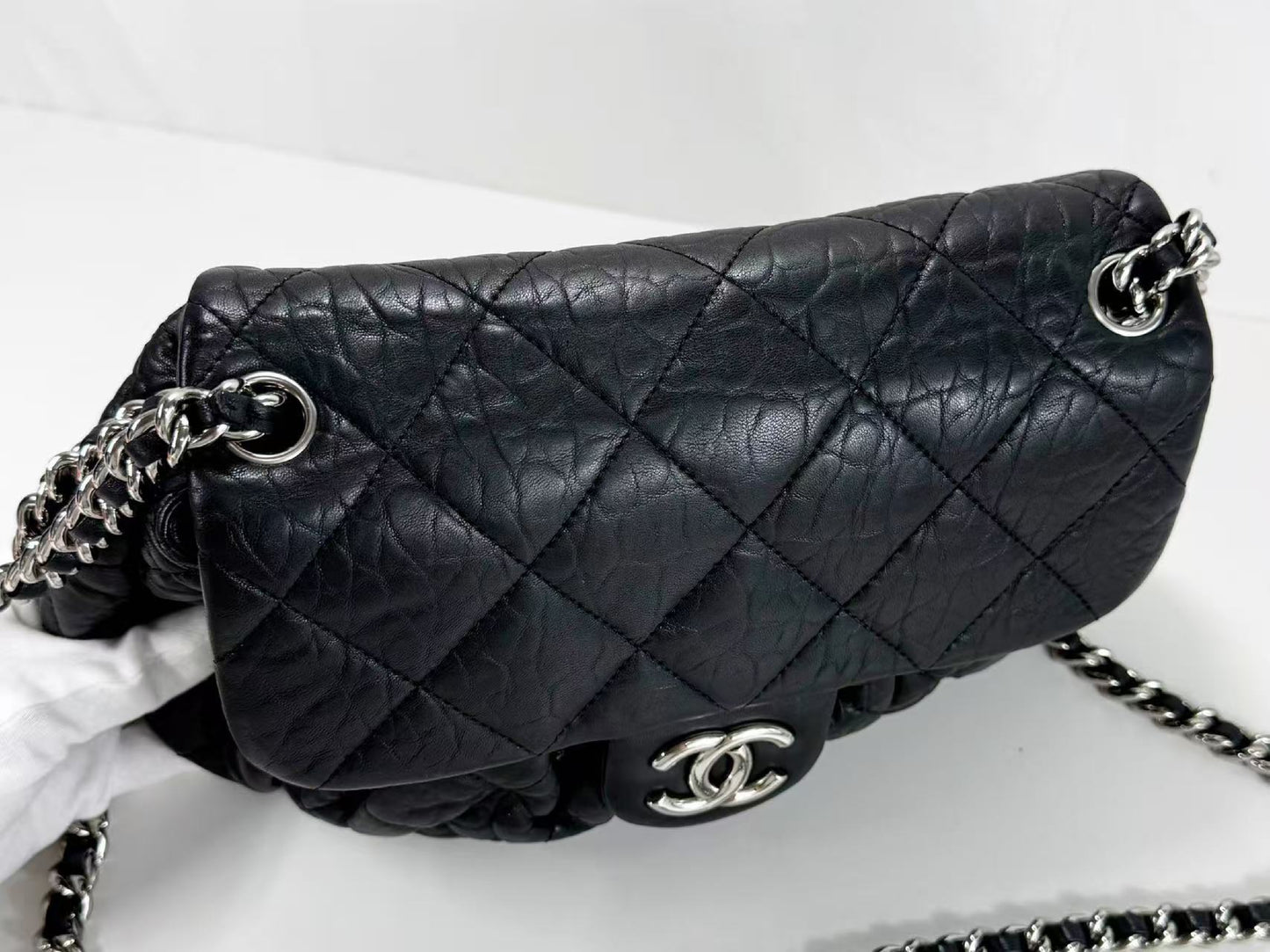 CHANEL Black Matelasse Chain Around Shoulder Bag, W30cm , No. 14, with Seal, Silver Hardware, 14381090