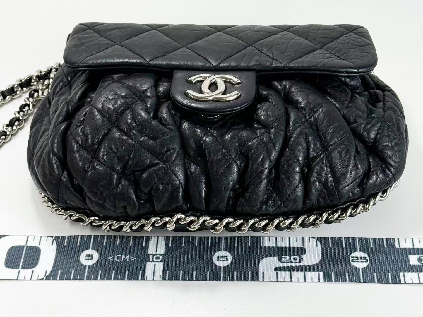 CHANEL Black Matelasse Chain Around Shoulder Bag, W30cm , No. 14, with Seal, Silver Hardware, 14381090