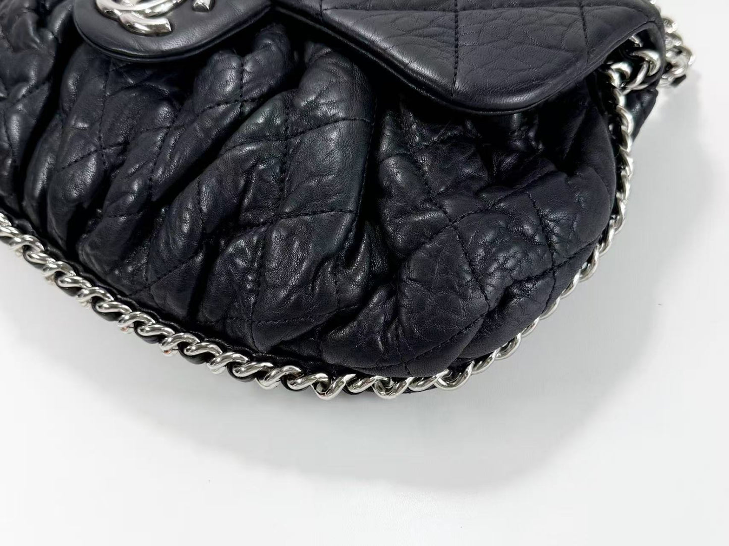 CHANEL Black Matelasse Chain Around Shoulder Bag, W30cm , No. 14, with Seal, Silver Hardware, 14381090