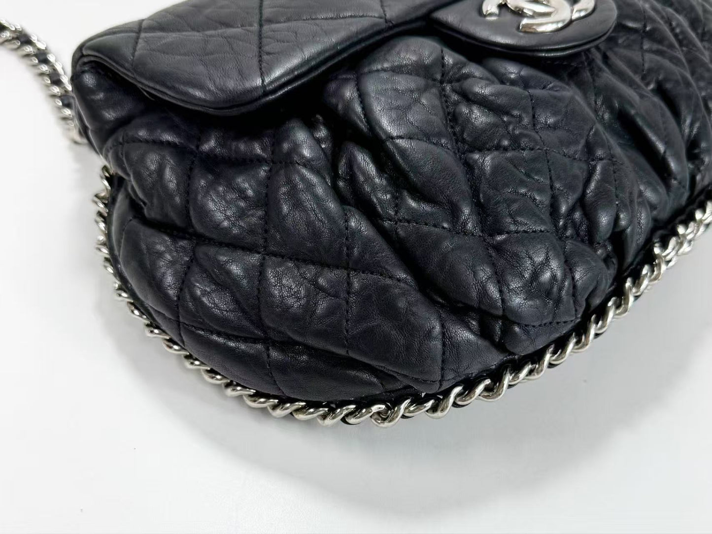 CHANEL Black Matelasse Chain Around Shoulder Bag, W30cm , No. 14, with Seal, Silver Hardware, 14381090