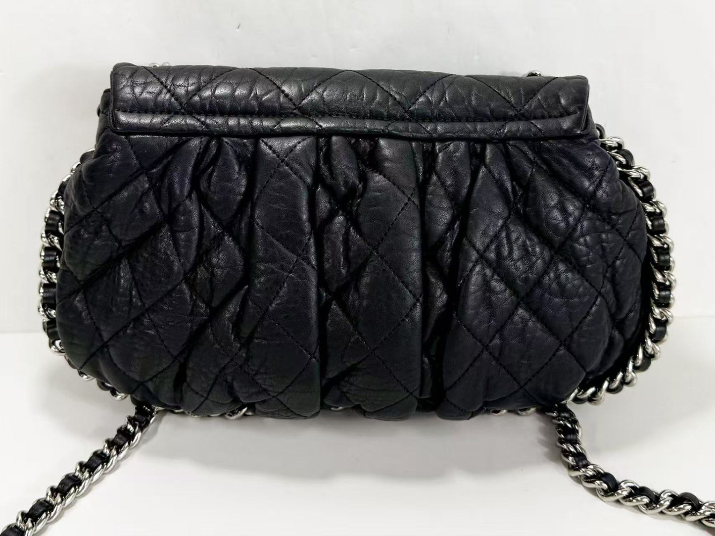 CHANEL Black Matelasse Chain Around Shoulder Bag, W30cm , No. 14, with Seal, Silver Hardware, 14381090