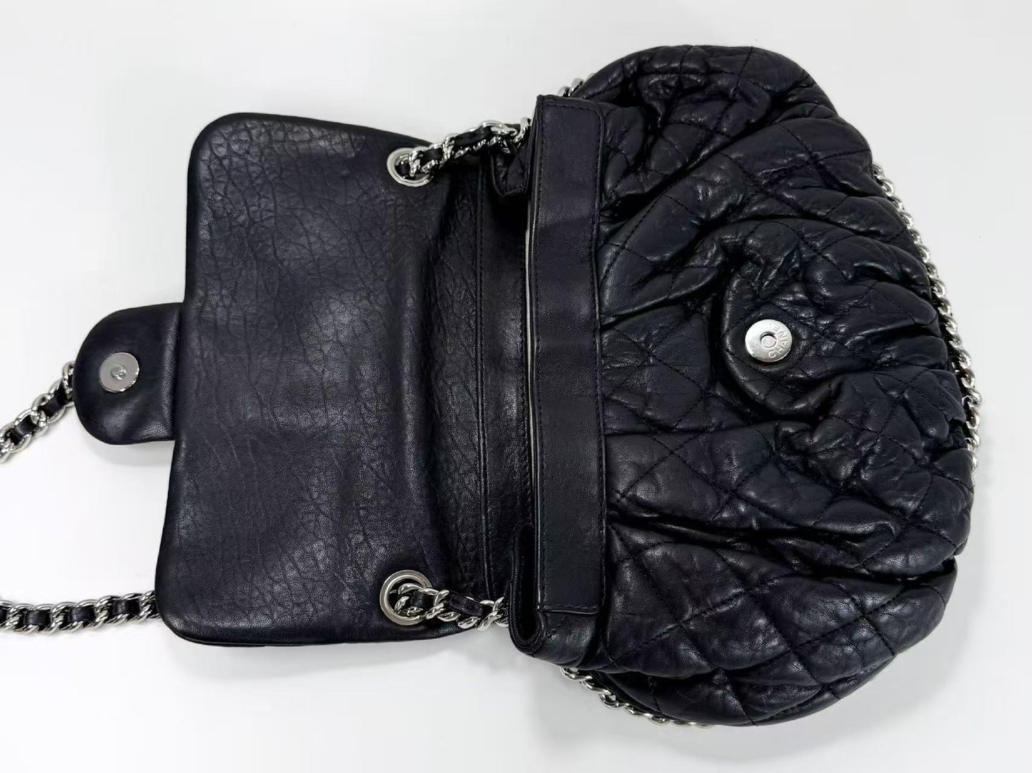 CHANEL Black Matelasse Chain Around Shoulder Bag, W30cm , No. 14, with Seal, Silver Hardware, 14381090