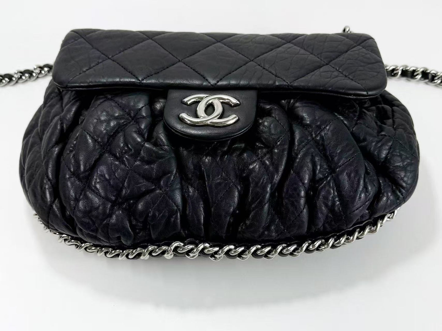 CHANEL Black Matelasse Chain Around Shoulder Bag, W30cm , No. 14, with Seal, Silver Hardware, 14381090