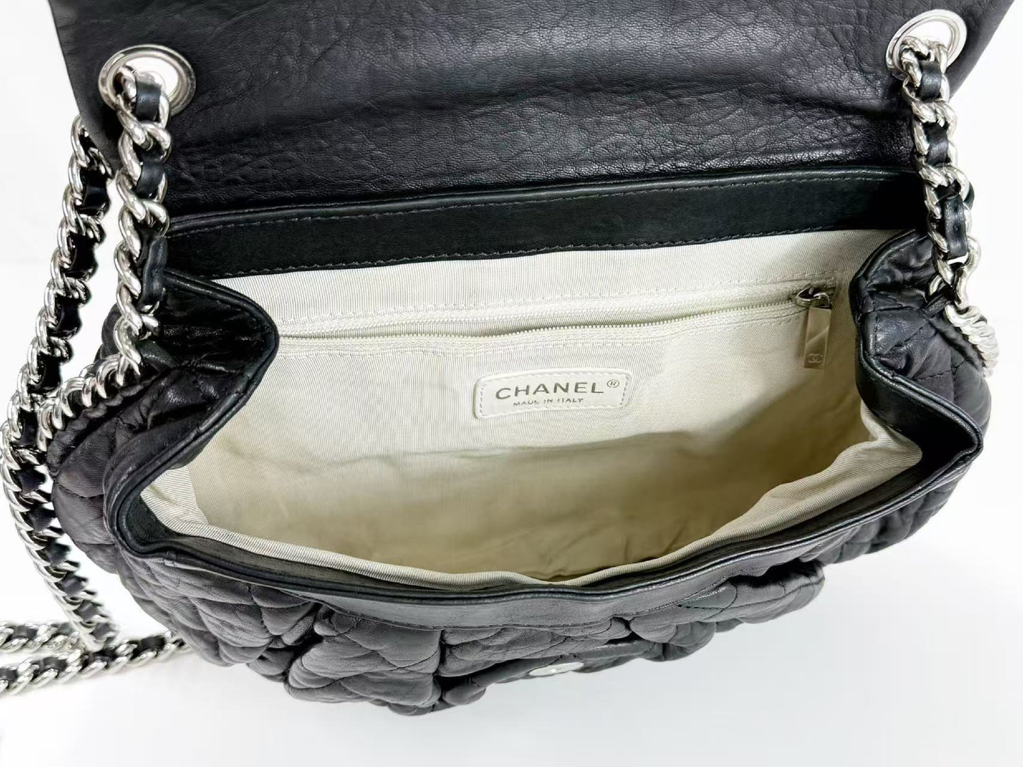 CHANEL Black Matelasse Chain Around Shoulder Bag, W30cm , No. 14, with Seal, Silver Hardware, 14381090