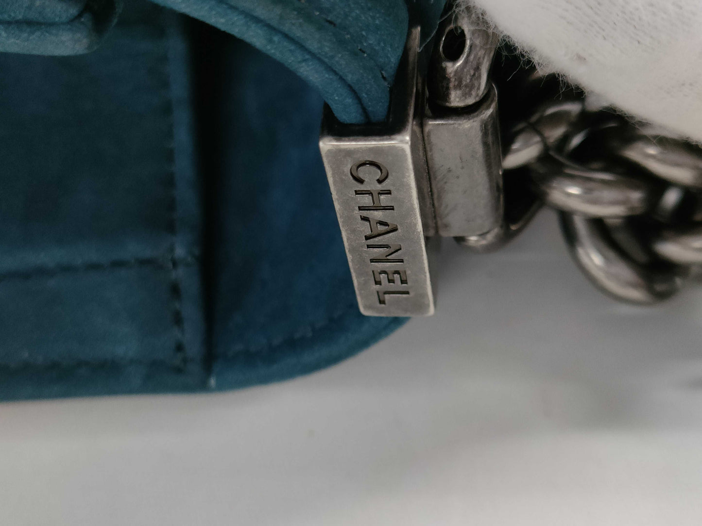 CHANEL Boy Chanel 25 Chain Shoulder Bag, Dark Green with Silver Hardware, Suede, 23152999 Shoulder Bag