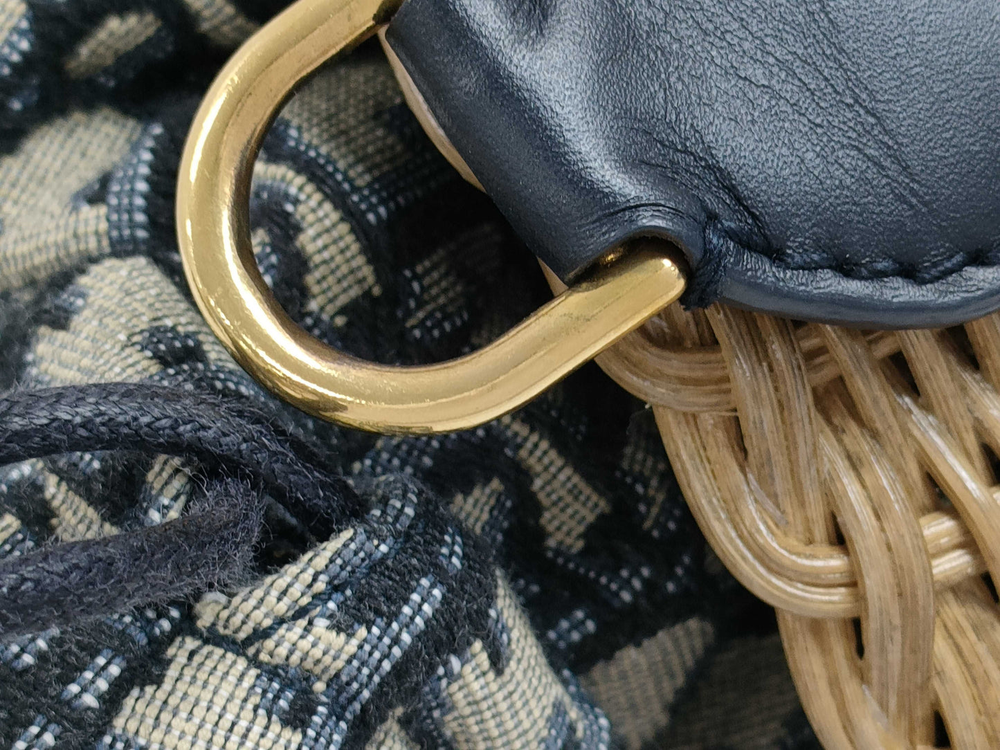 Dior Oblique Wicker Shoulder Bag M7600CMVO Navy Brown with Gold Hardware, Canvas and Rattan, 63-MA-0251 Shoulder Bag