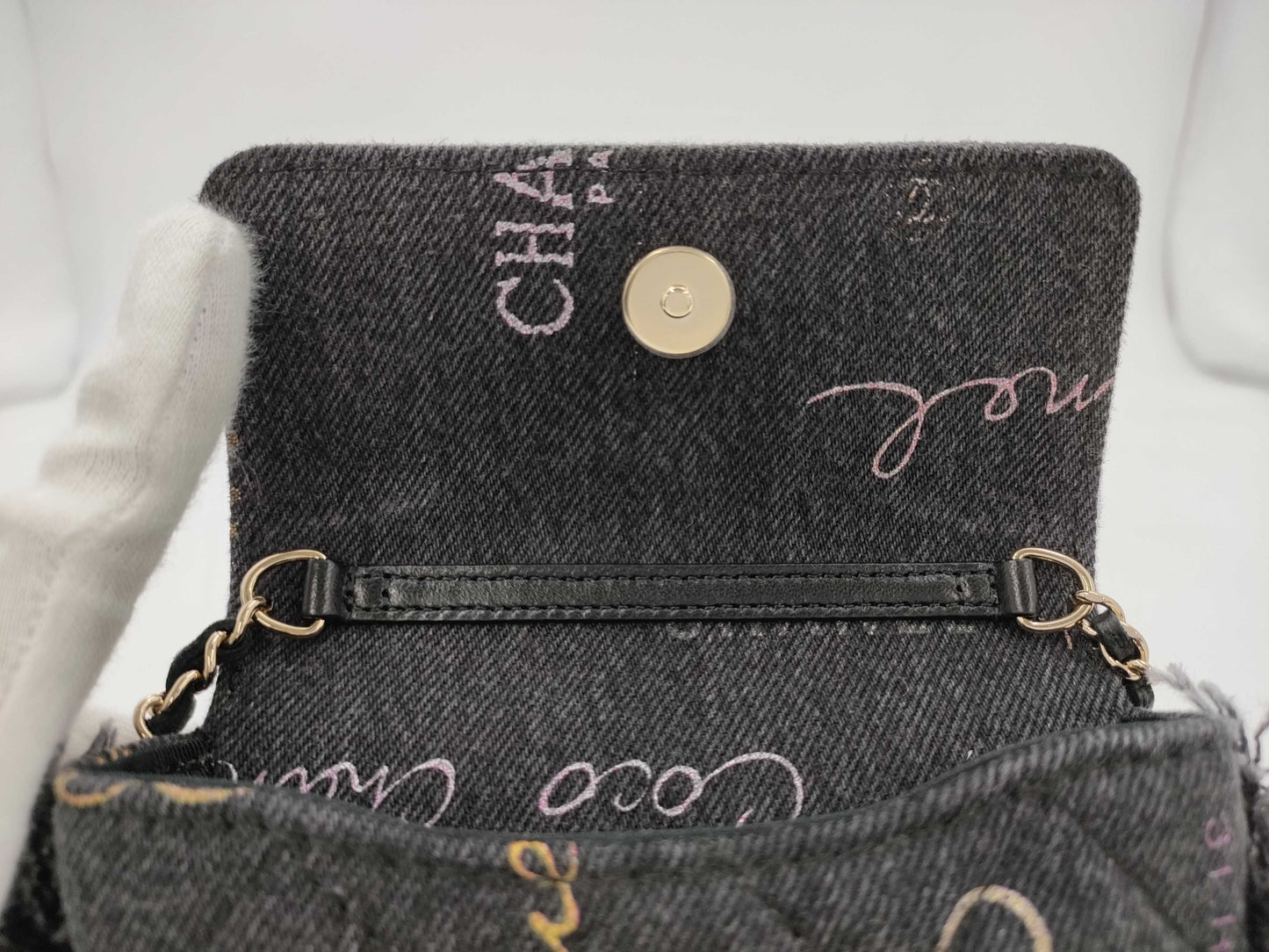 CHANEL CHANEL Mini Matelasse Denim Chain Shoulder Bag with Logo and Fringe, Black with Gold Hardware, 31944169 Shoulder Bag