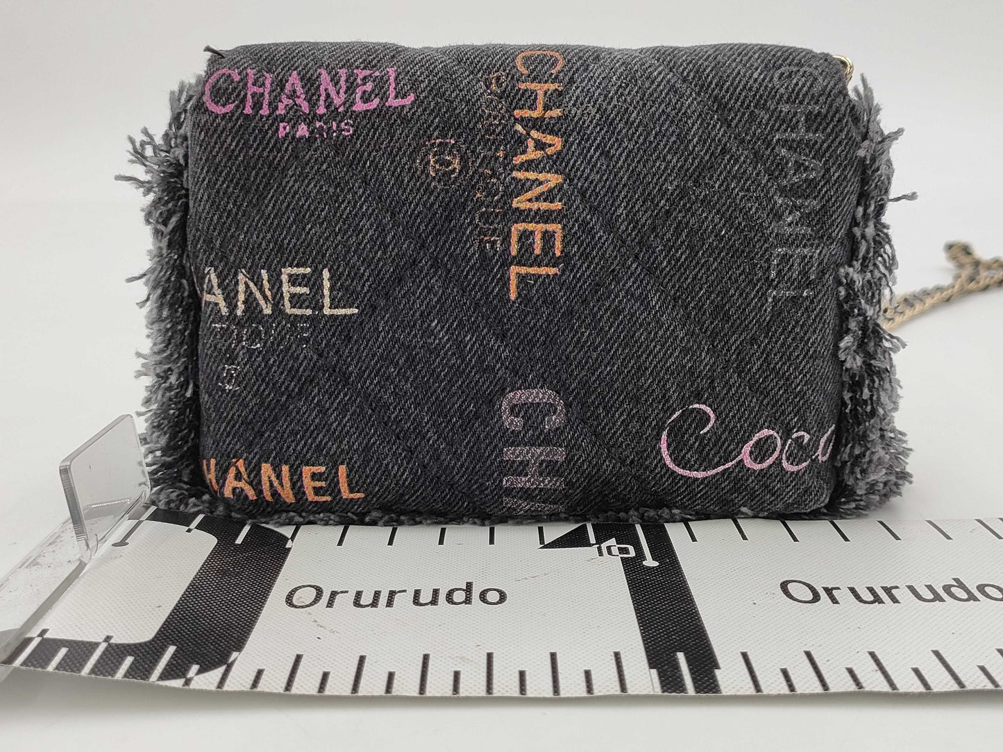 CHANEL CHANEL Mini Matelasse Denim Chain Shoulder Bag with Logo and Fringe, Black with Gold Hardware, 31944169 Shoulder Bag