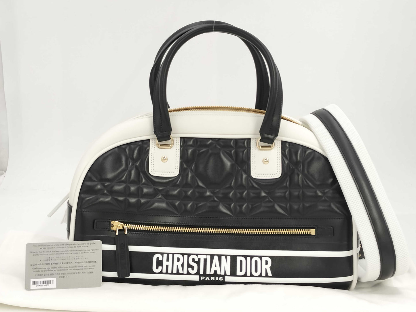 Dior Vibe Bowling Bag, 2-Way Shoulder Bag, Black/White, with Shoulder Strap and Dust Bag, Boston Bag