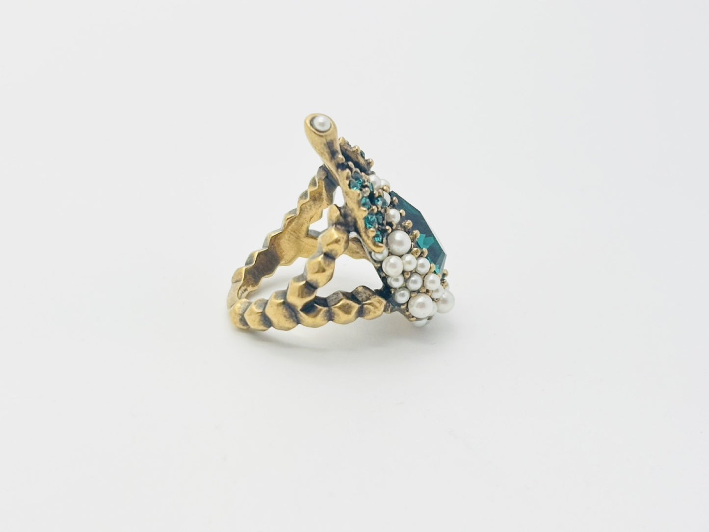GUCCI Flower and Fruit Bijou Rhinestone and Faux Pearl Ring #XS Color Stone Green Ring