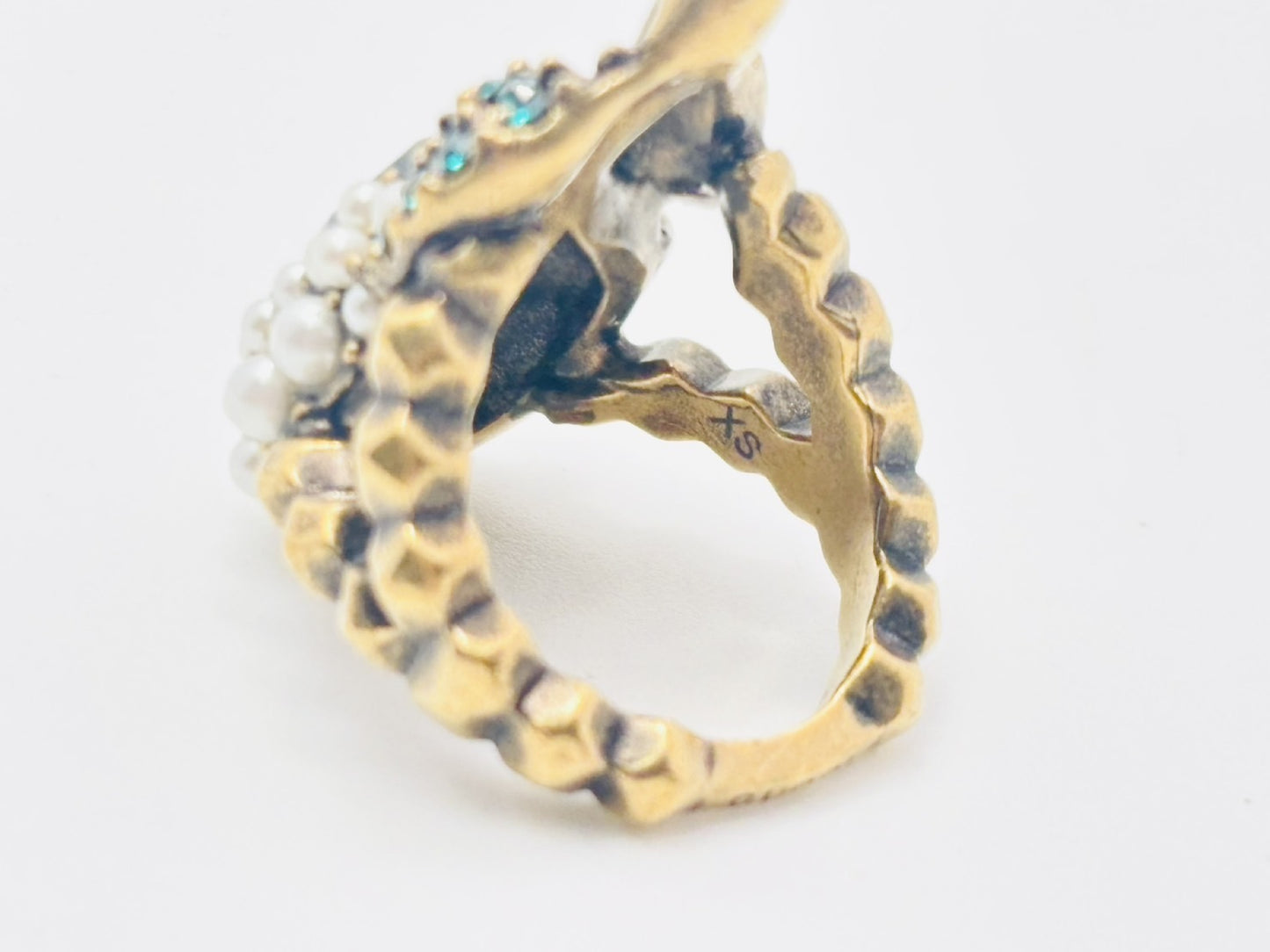 GUCCI Flower and Fruit Bijou Rhinestone and Faux Pearl Ring #XS Color Stone Green Ring