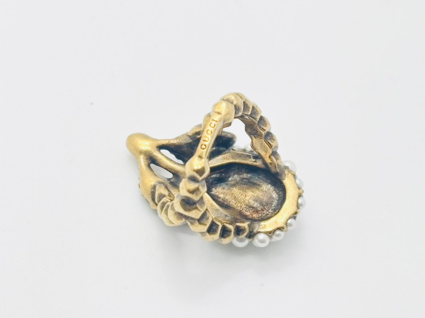 GUCCI Flower and Fruit Bijou Rhinestone and Faux Pearl Ring #XS Color Stone Green Ring