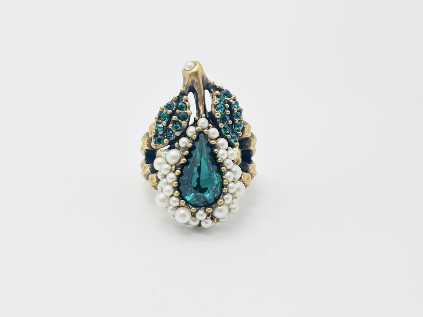 GUCCI Flower and Fruit Bijou Rhinestone and Faux Pearl Ring #XS Color Stone Green Ring