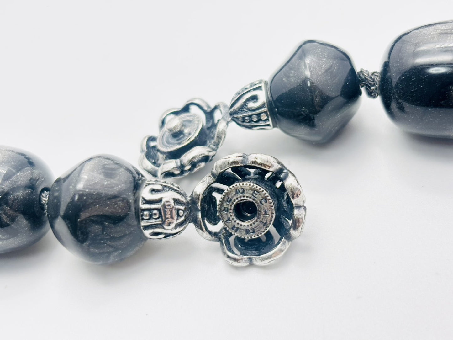 Dior Choker Necklace, Resin, Plastic, Lamé Silver and Gray, Snap Button Closure, Heart Flower Necklace