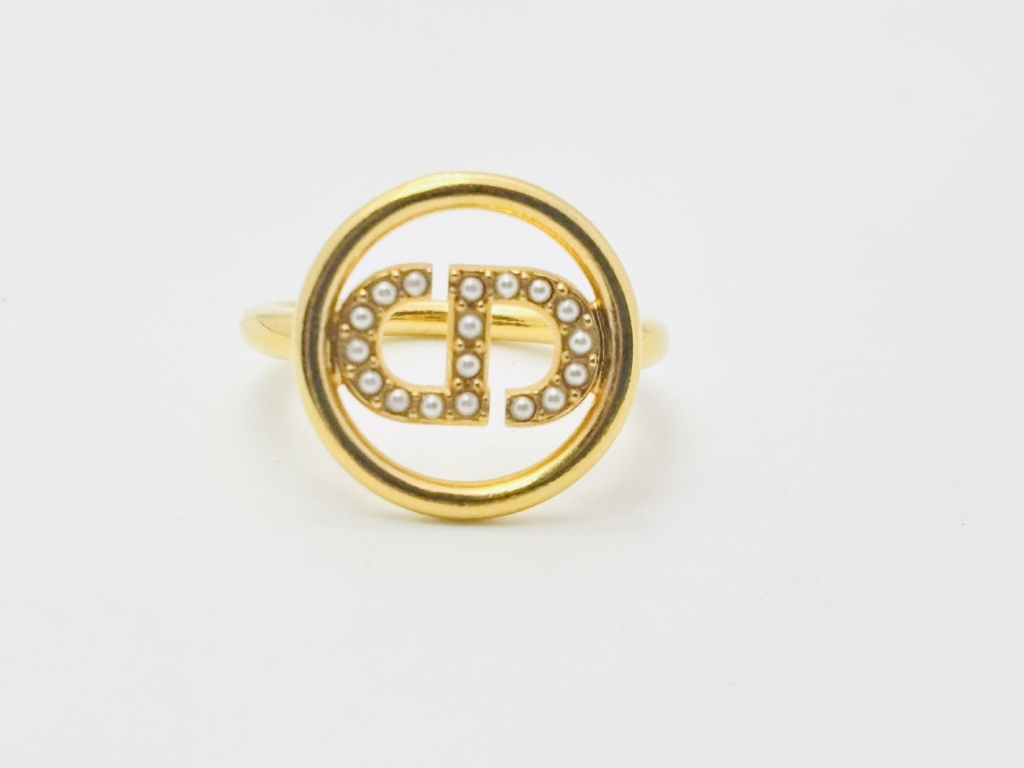 Dior Petit CD Logo Faux Pearl Ring, Size Small, Gold