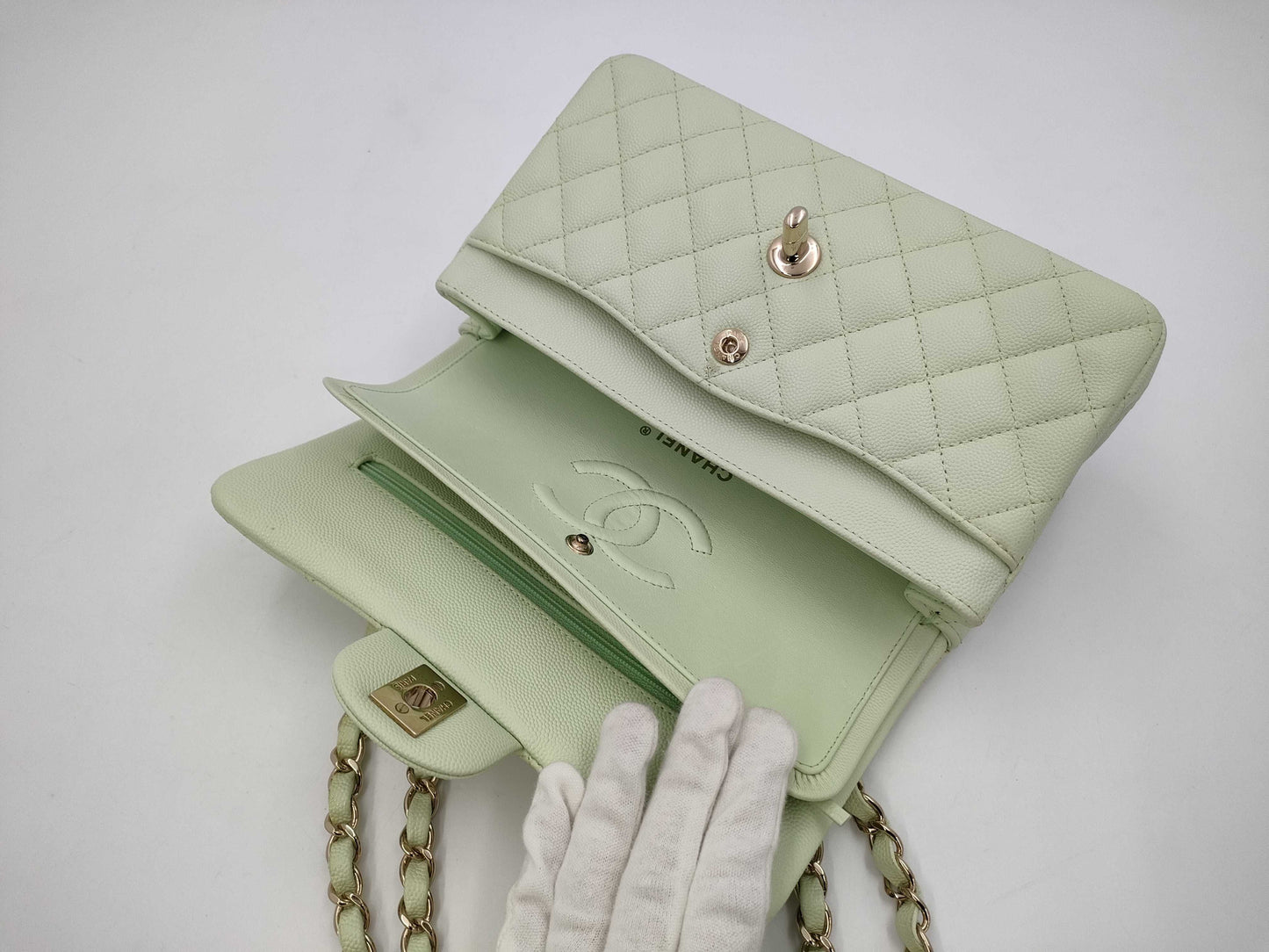 CHANEL CHANEL Matelasse 23 Double Flap Caviar Leather Chain Shoulder Bag Mint Green with Serial Plate