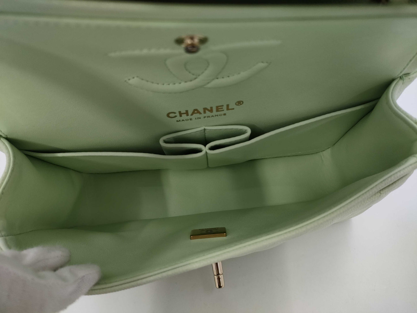 CHANEL CHANEL Matelasse 23 Double Flap Caviar Leather Chain Shoulder Bag Mint Green with Serial Plate