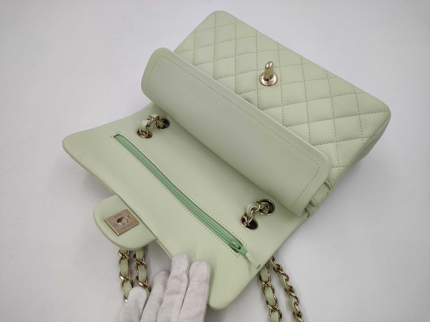 CHANEL CHANEL Matelasse 23 Double Flap Caviar Leather Chain Shoulder Bag Mint Green with Serial Plate