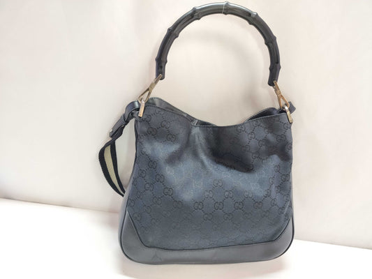 GUCCI Bamboo Shoulder Bag, Gucci 001.4095, GG Canvas, Leather, Sherry Line, Black, Shoulder Bag
