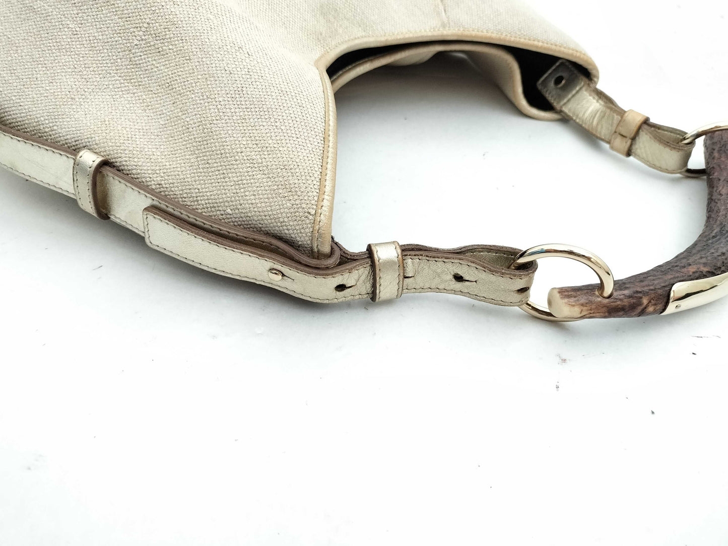 Yves Saint Laurent Mombasa Canvas and Horn Handbag 135202/002122 Beige Shoulder Bag