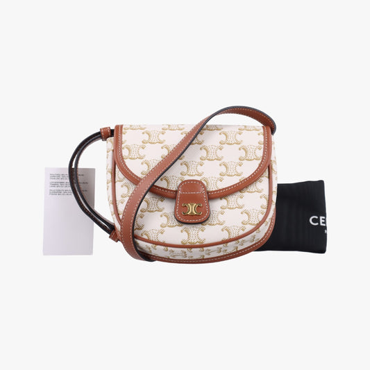 CELINE Mini Besas Triomphe Shoulder Bag in White and Brown PVC Coated Canvas