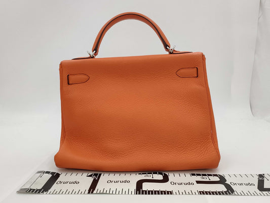 HERMES Kelly 32 Orange Silver Hardware H Stamp Handbag