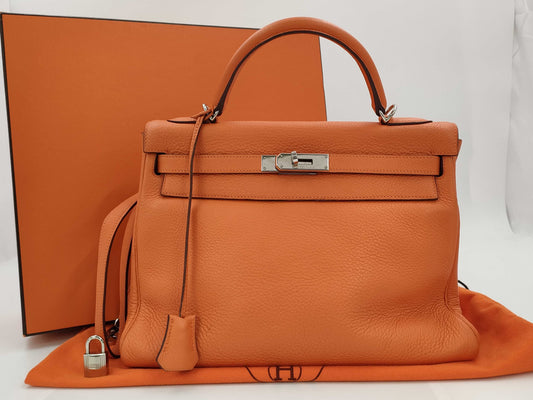 HERMES Kelly 32 Orange Silver Hardware H Stamp Handbag