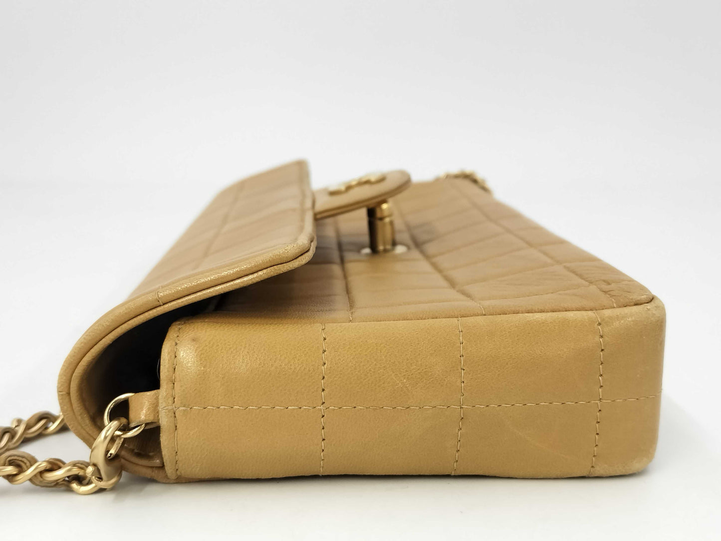 CHANEL Chocobar East West Lambskin Chain Shoulder Bag, Beige