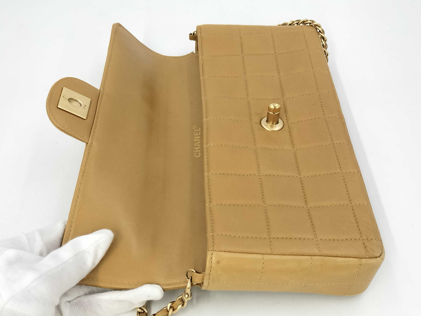 CHANEL Chocobar East West Lambskin Chain Shoulder Bag, Beige