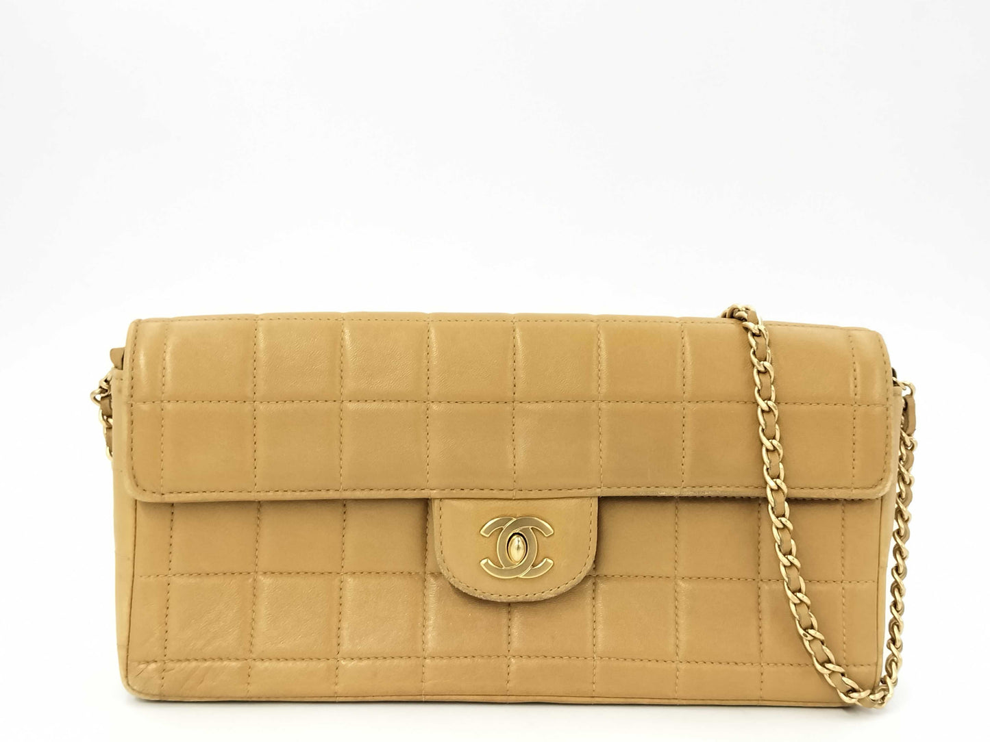 CHANEL Chocobar East West Lambskin Chain Shoulder Bag, Beige