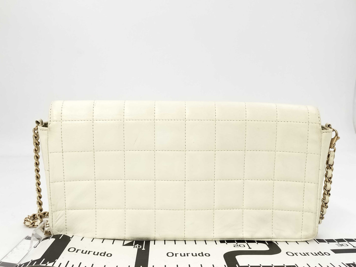 CHANEL Chocobar East West Lambskin Chain Shoulder Bag, White, No. 7