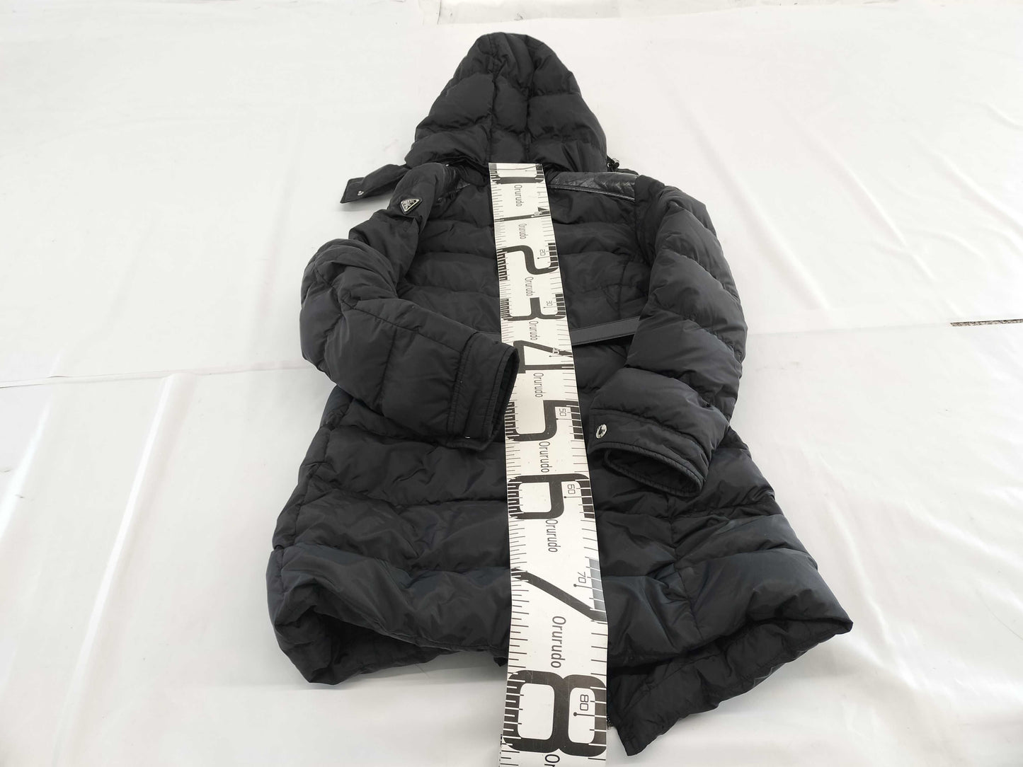 PRADA Prada Triangle Logo Black Down Coat with Leather Belt and Leather Trim, Size 38