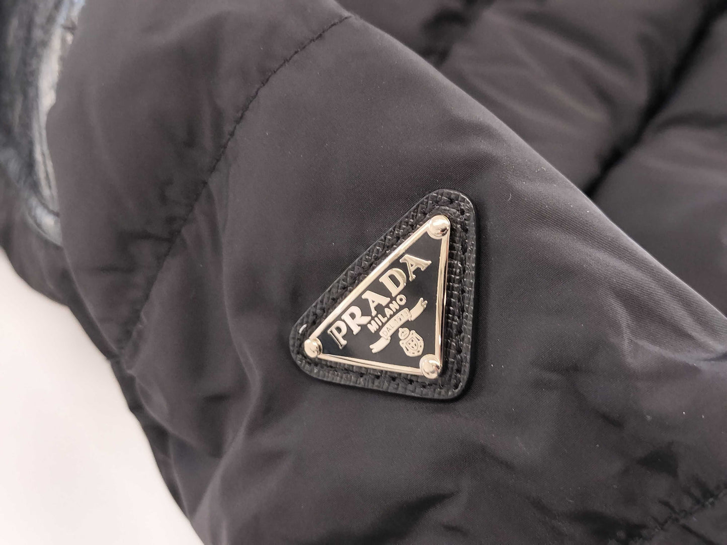 PRADA Prada Triangle Logo Black Down Coat with Leather Belt and Leather Trim, Size 38