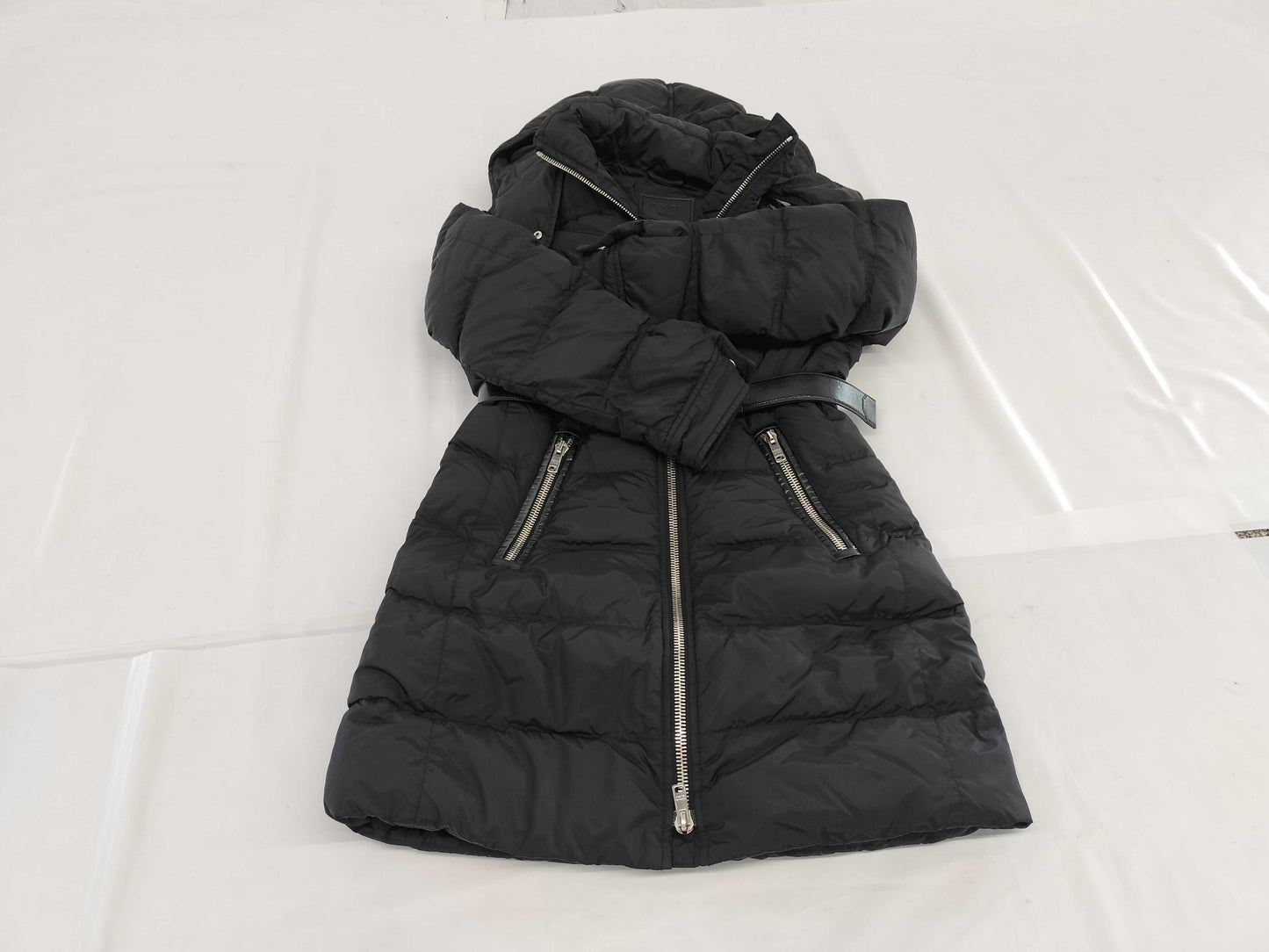 PRADA Prada Triangle Logo Black Down Coat with Leather Belt and Leather Trim, Size 38