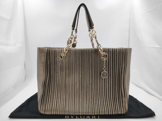 BVLGARI Monete Chain Tote Bag in Nappa Plisse Metallic Gold and Silver