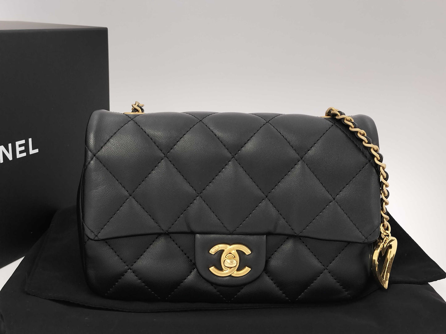 CHANEL Lambskin Heart Matelasse Chain Shoulder Bag with Serial Plate, Black