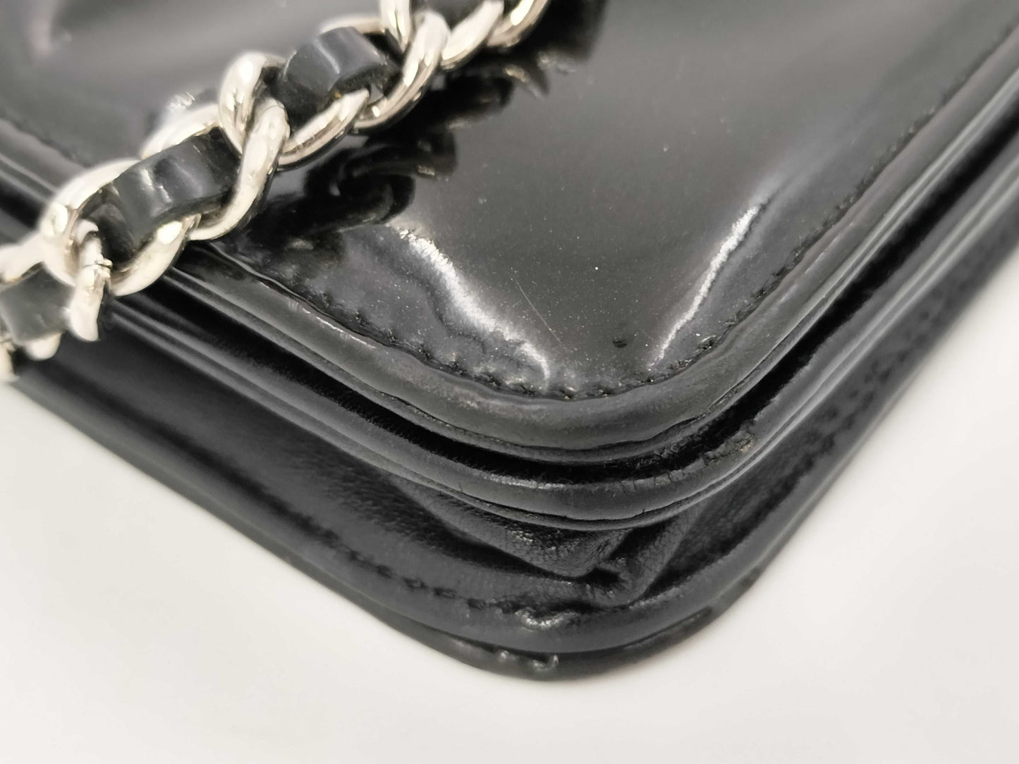 CHANEL Patent Leather Coco Mark Chain Wallet Black Shoulder Bag