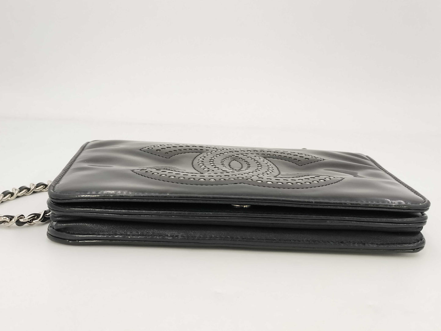 CHANEL Patent Leather Coco Mark Chain Wallet Black Shoulder Bag