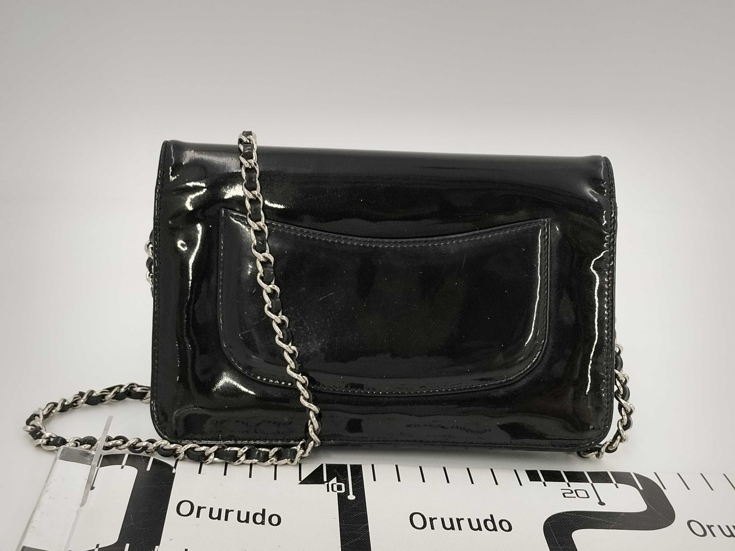 CHANEL Patent Leather Coco Mark Chain Wallet Black Shoulder Bag