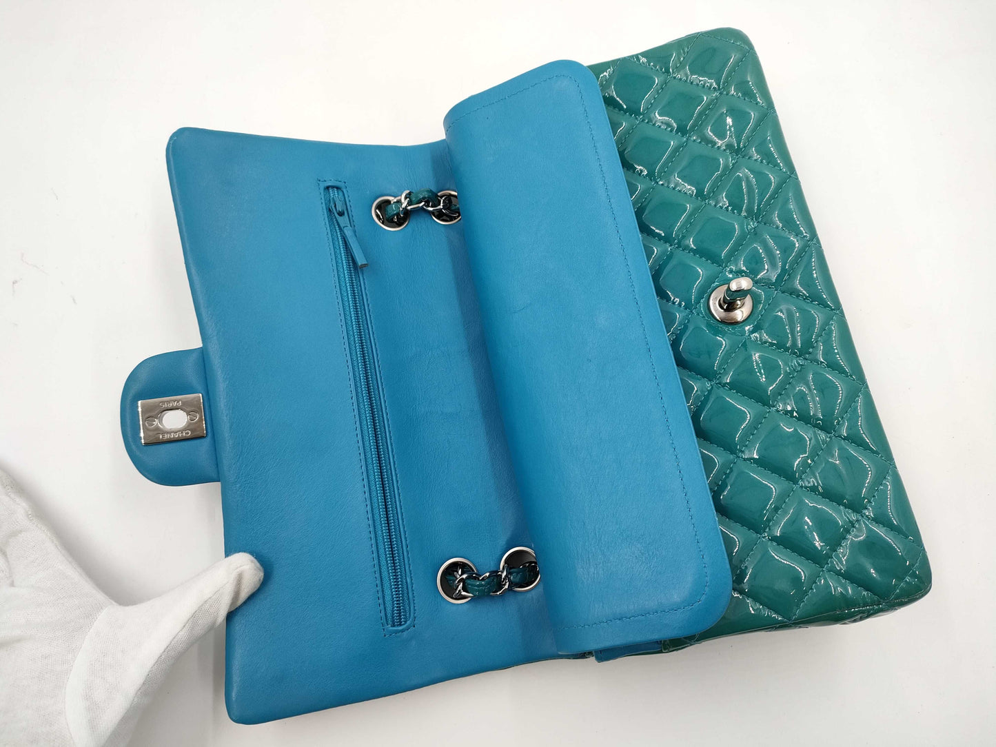 CHANEL Matelasse 25 Patent Leather Double Flap Double Chain Bag, Blue, Silver Hardware, 19485210, 19th Series, A01112