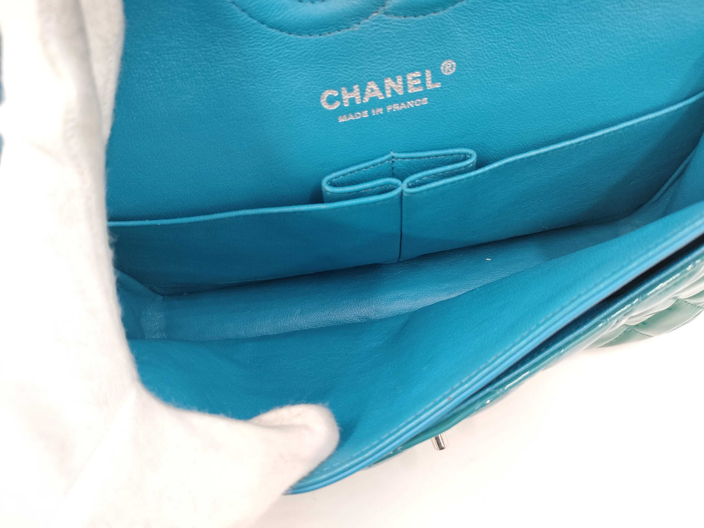 CHANEL Matelasse 25 Patent Leather Double Flap Double Chain Bag, Blue, Silver Hardware, 19485210, 19th Series, A01112