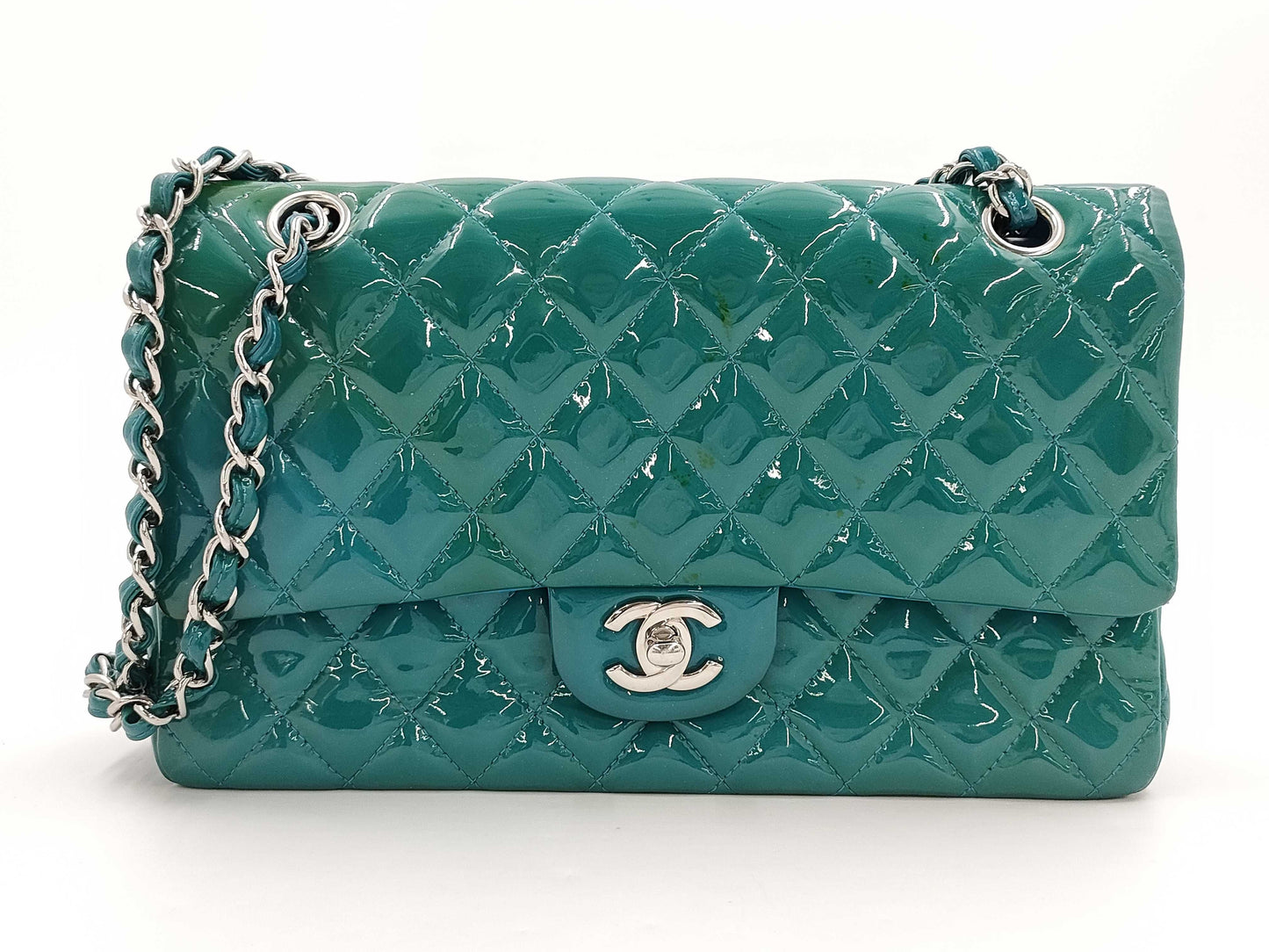 CHANEL Matelasse 25 Patent Leather Double Flap Double Chain Bag, Blue, Silver Hardware, 19485210, 19th Series, A01112
