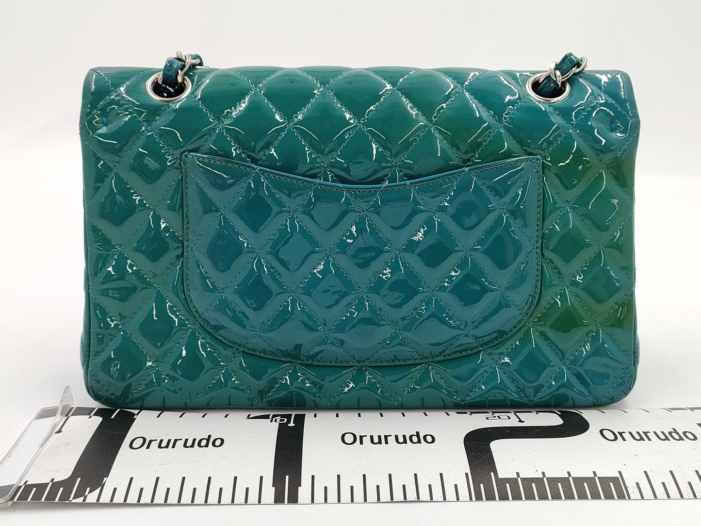 CHANEL Matelasse 25 Patent Leather Double Flap Double Chain Bag, Blue, Silver Hardware, 19485210, 19th Series, A01112