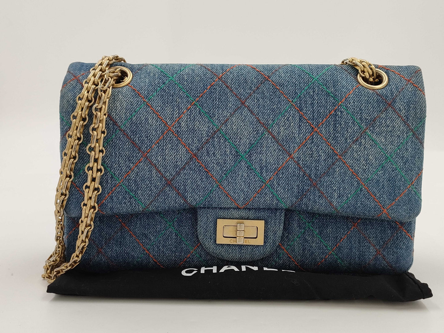 CHANEL 2.55 Double Flap Chain Shoulder Bag, Denim Blue, 24 Series