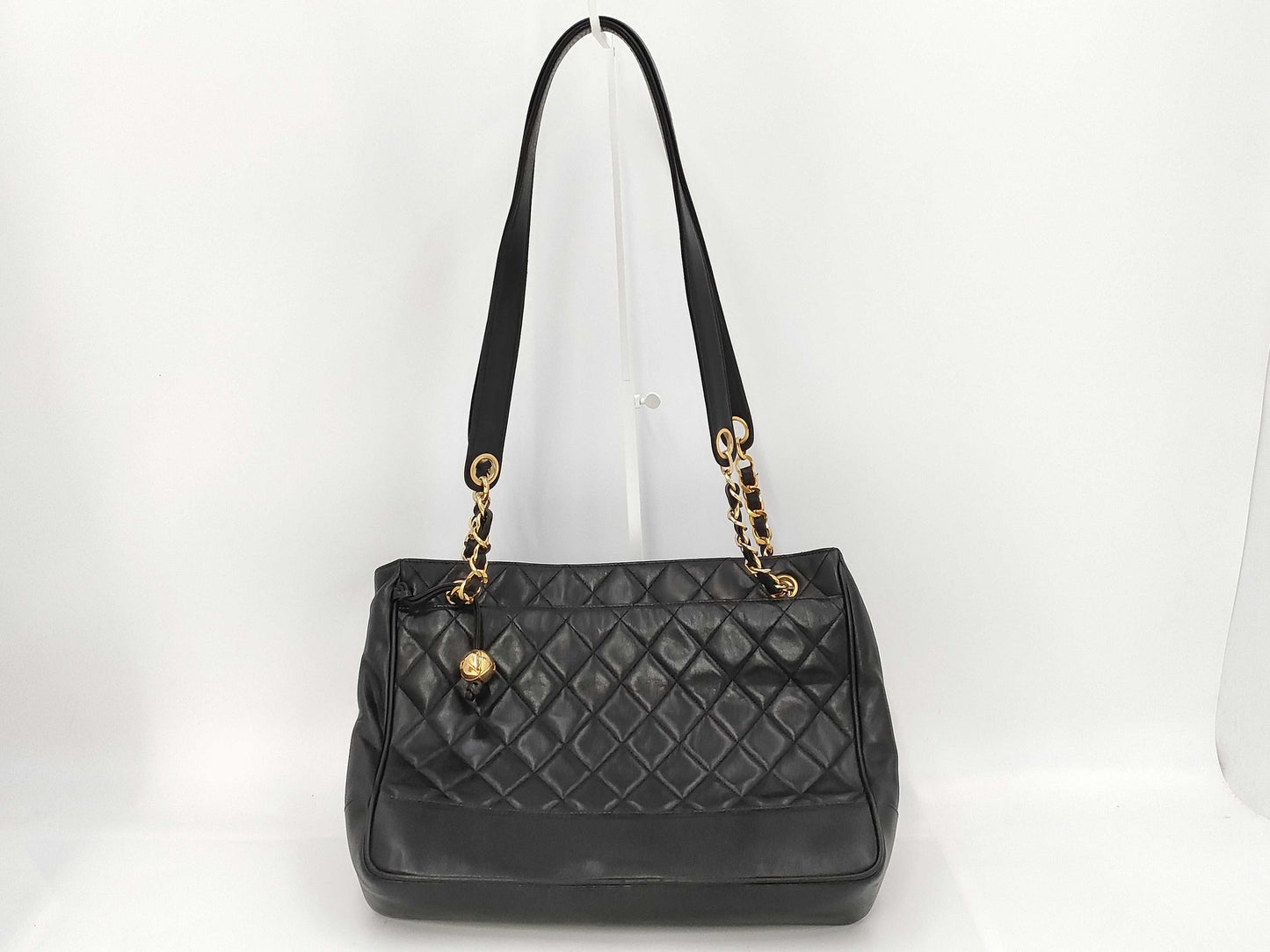 CHANEL Lambskin Matelasse Shoulder Bag with Ball Charm and Chain, Black, G Hardware