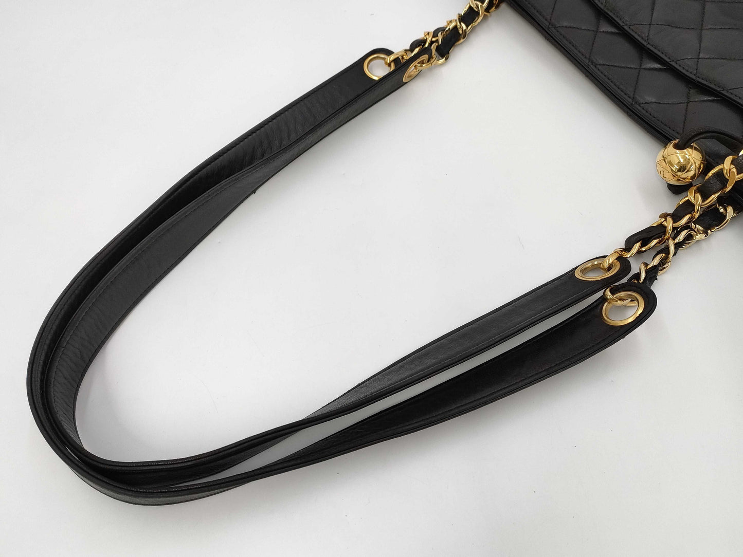 CHANEL Lambskin Matelasse Shoulder Bag with Ball Charm and Chain, Black, G Hardware