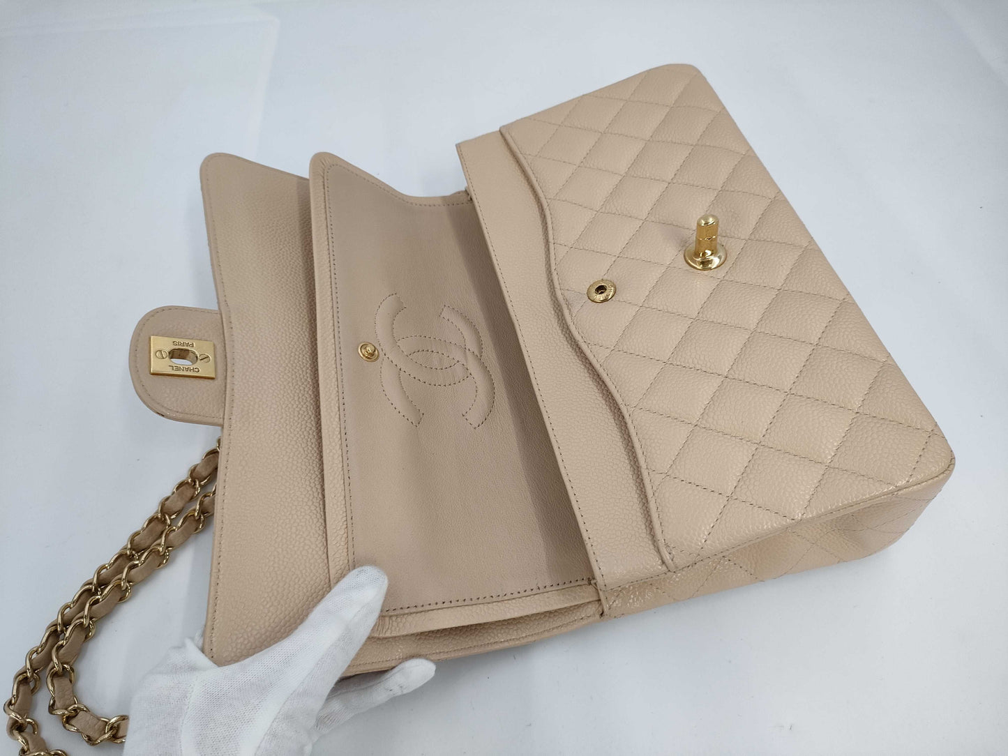 CHANEL Shoulder Bag with Double Flap, Caviar Skin, Beige