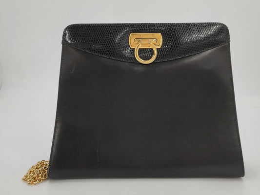 Salvatore Ferragamo Gancini Chain Shoulder Bag in Black Leather