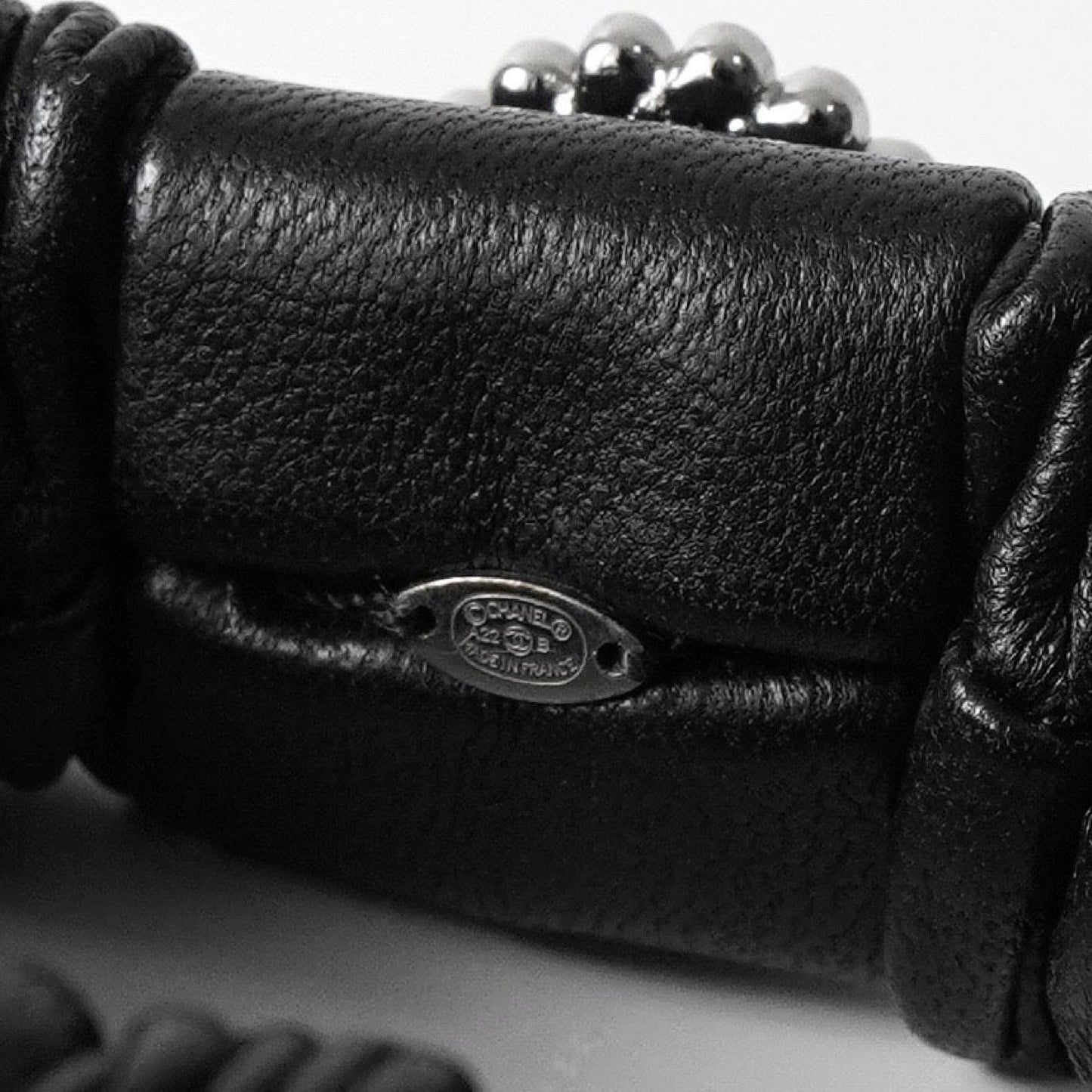CHANEL Coco Mark Rhinestone Leather Scrunchie Hair Tie Black with Box Hair Accessory