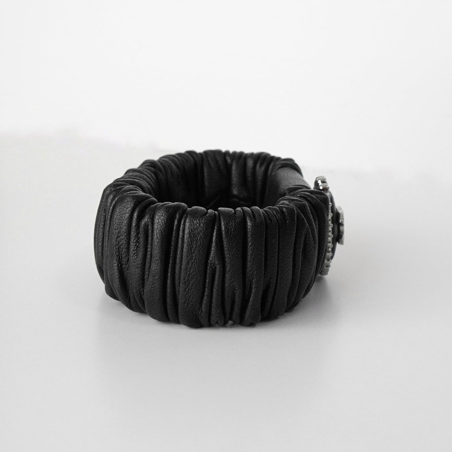 CHANEL Coco Mark Rhinestone Leather Scrunchie Hair Tie Black with Box Hair Accessory